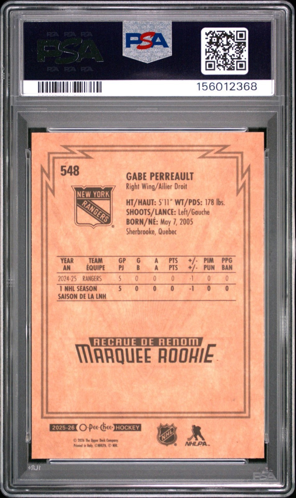 2025-26 O-Pee-Chee O-Pee-Chee #548 Gabe Perreault PSA 10 Graded trading card