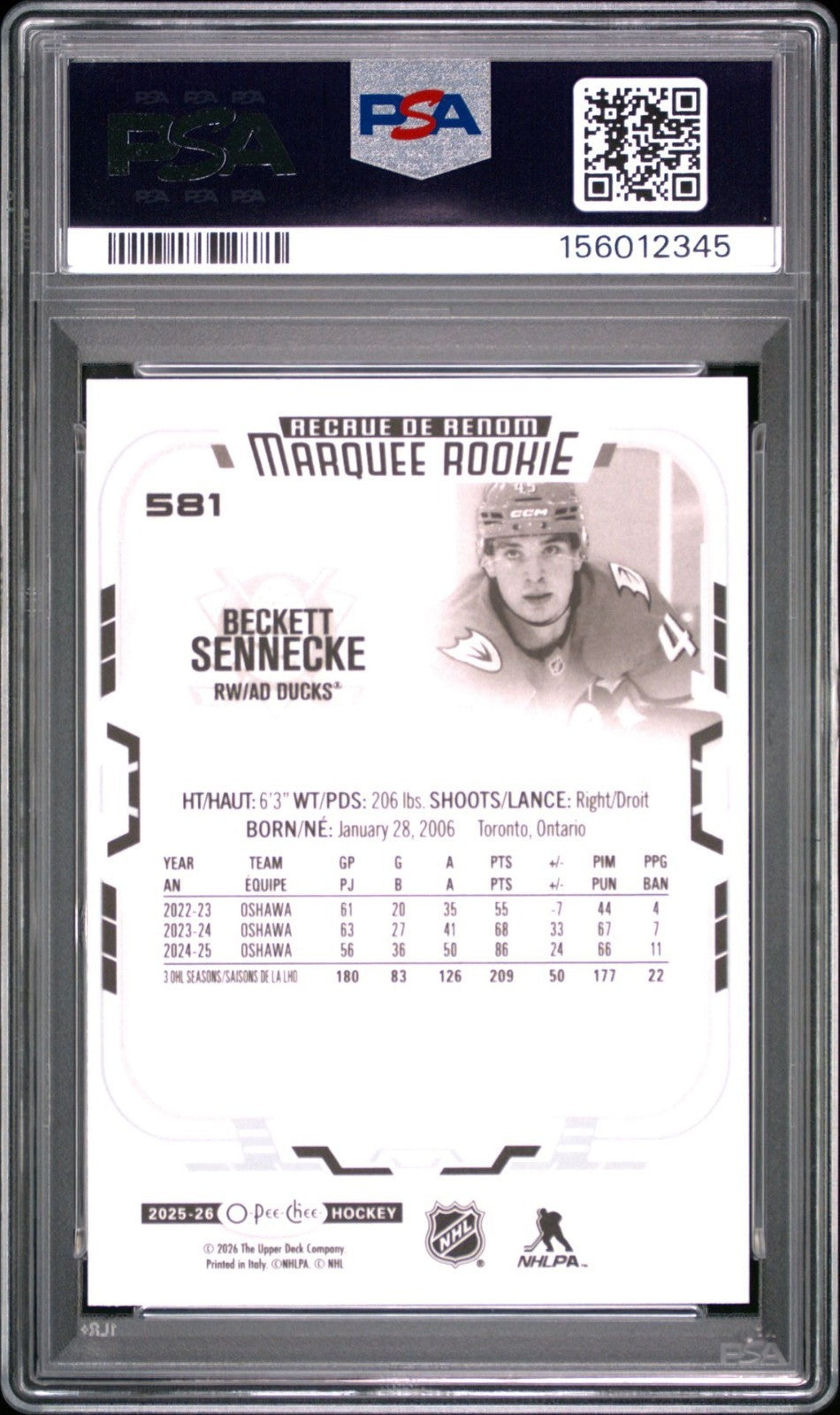 2025-26 O-Pee-Chee O-Pee-Chee #581 Beckett Sennecke PSA 10 Graded trading card