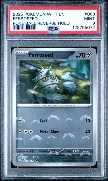 2025 Pokemon WHT EN-White Flare #068 Ferroseed Poke Ball Reverse PSA 9 Graded trading card