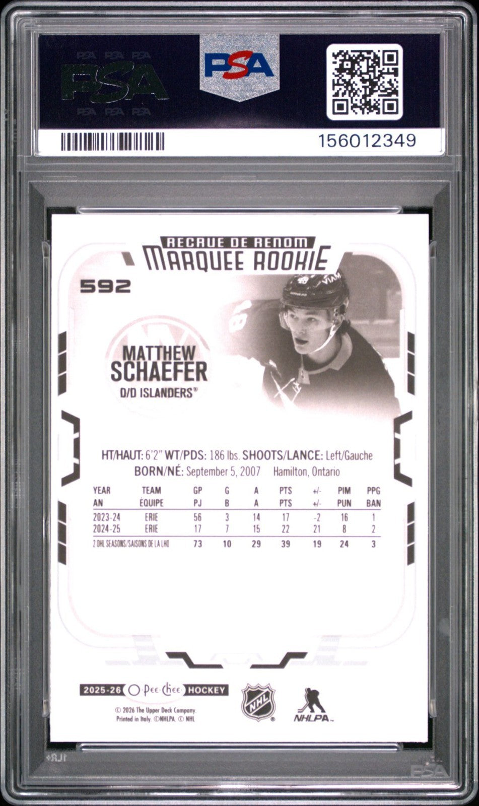 2025-26 O-Pee-Chee O-Pee-Chee #592 Matthew Schaefer PSA 10 Graded trading card