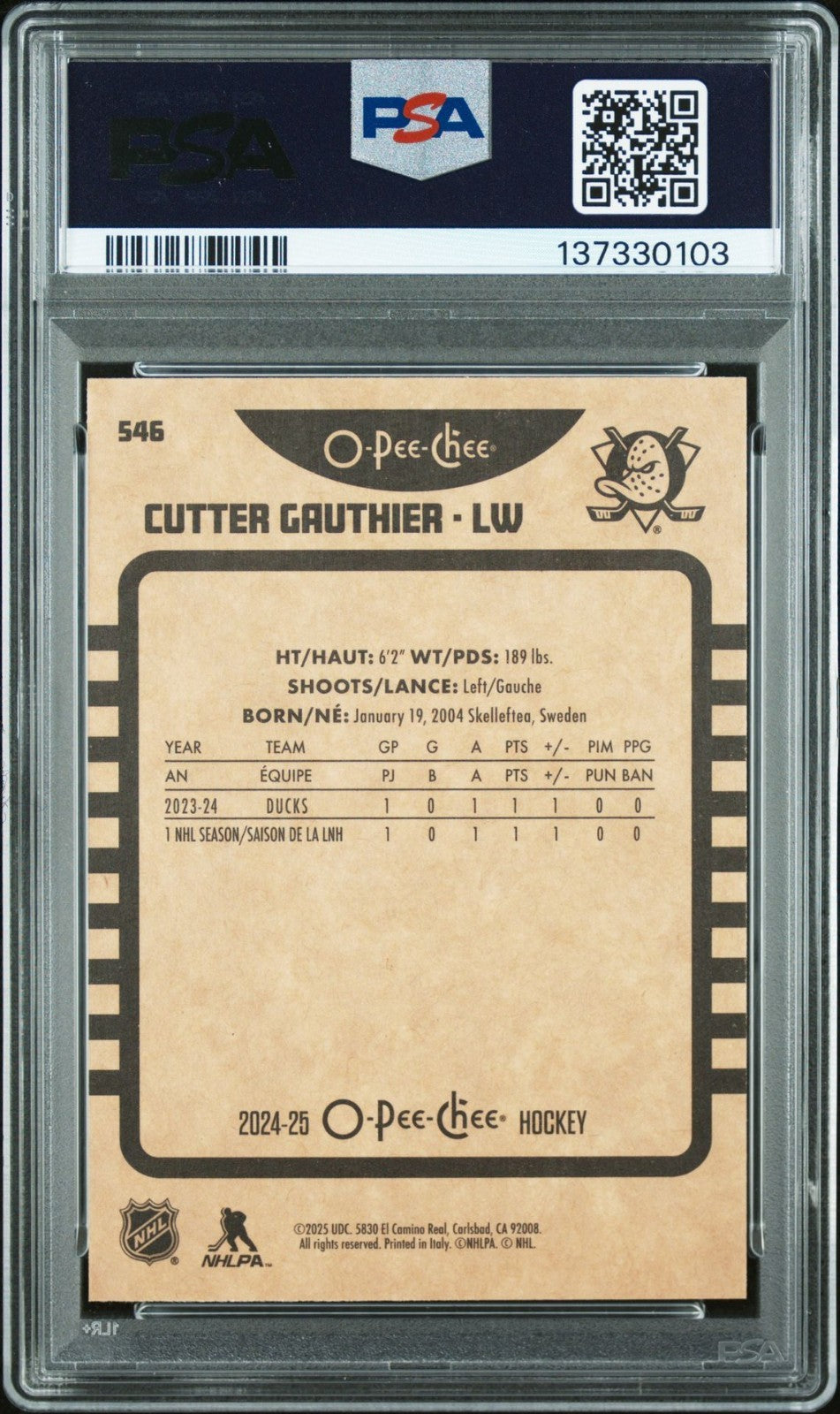 2024-25 O-Pee-Chee O-Pee-Chee #546 Cutter Gauthier Ultra Rare PSA 8 Graded trading card