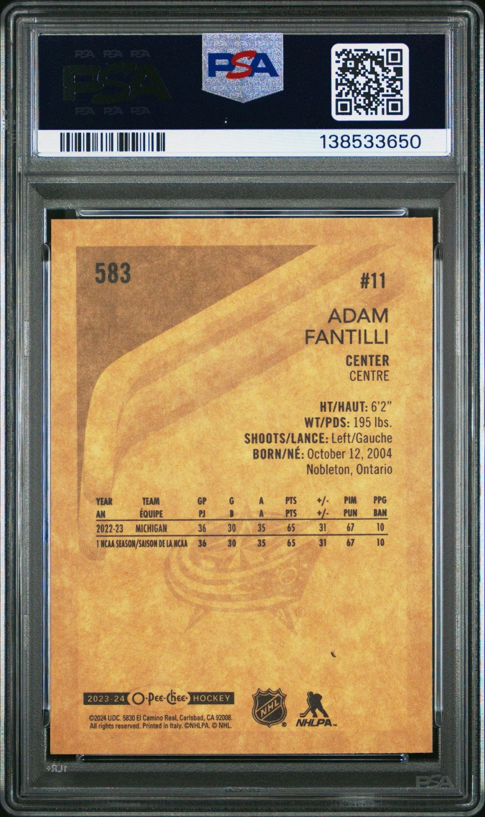 2023-24 O-Pee-Chee O-Pee-Chee #583 Adam Fantilli MAR PSA 10 Graded trading card