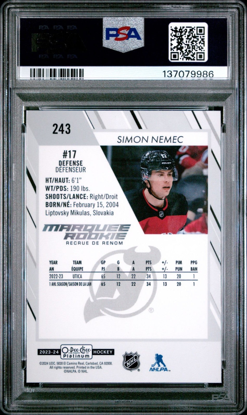 2023-24 O-Pee-Chee Platinum O-Pee-Chee #243 Simon Nemec PSA 10 Graded trading card