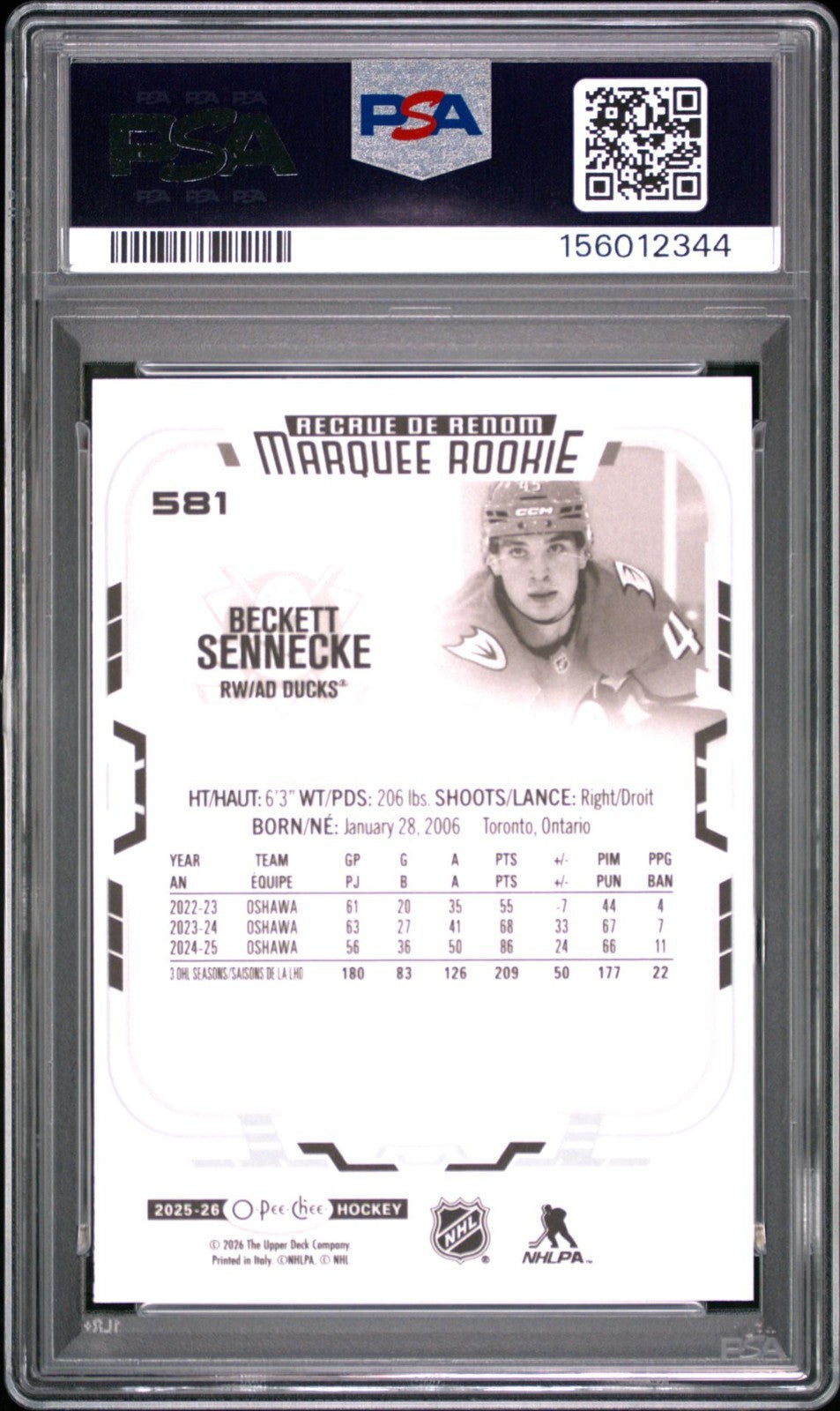 2025-26 O-Pee-Chee O-Pee-Chee #581 Beckett Sennecke PSA 10 Graded trading card