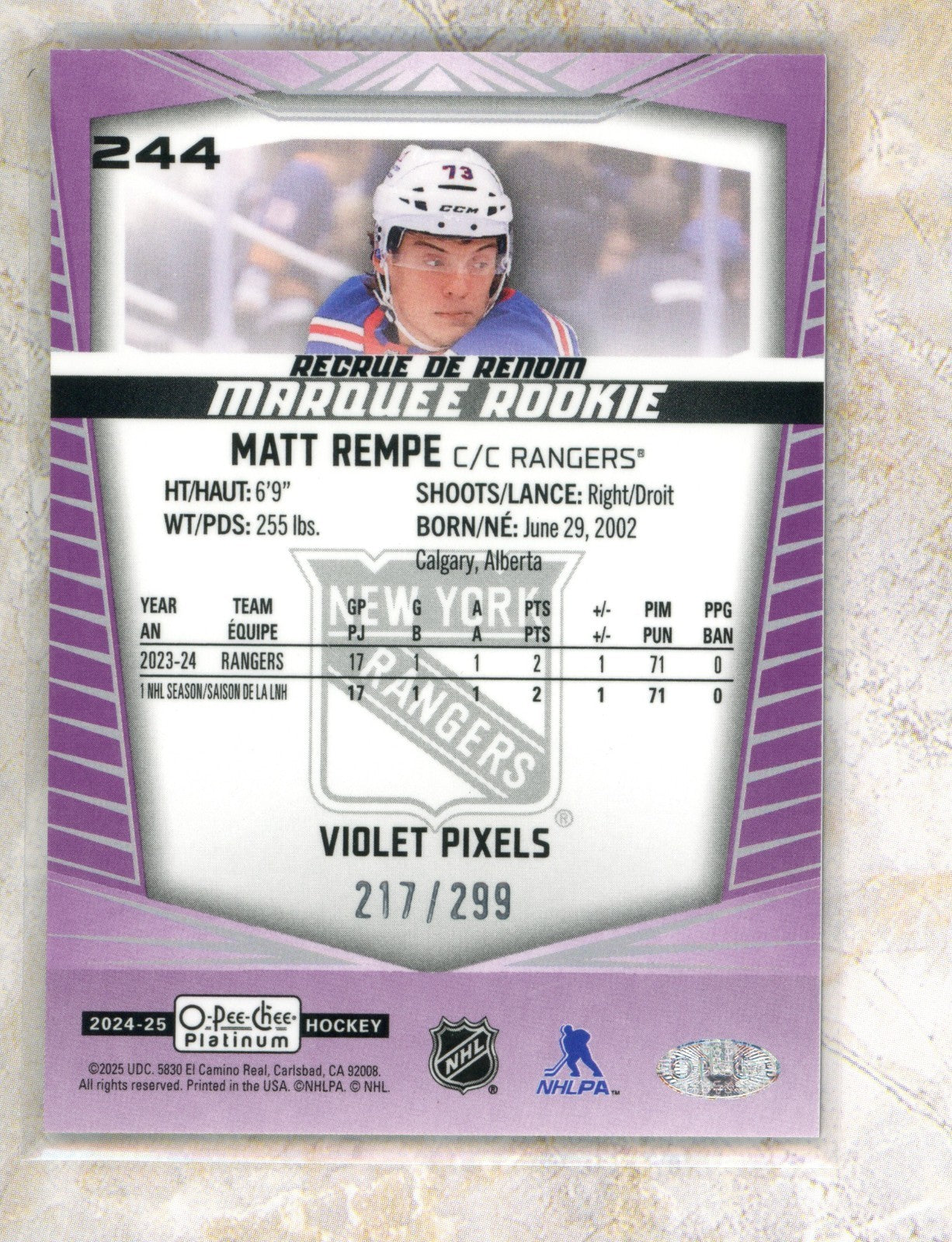 2024-25 O-Pee-Chee Platinum O-Pee-Chee Platinum #244 Matt Rempe MAR 299 Raw trading card