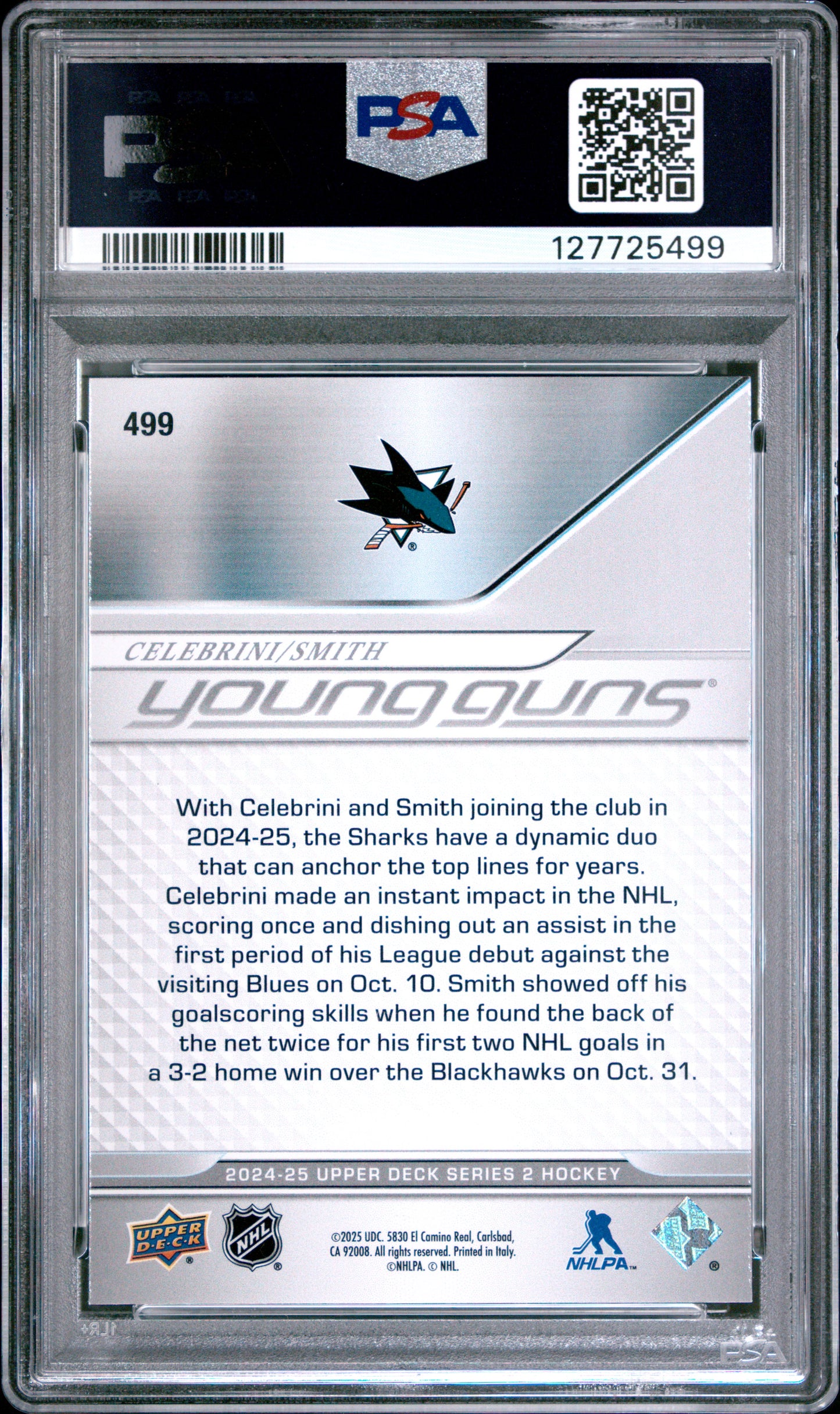 2024-25 Upper Deck Series 2 Celebrini/Smith #499 Young Guns Teammates PSA 10 Cert #127725499