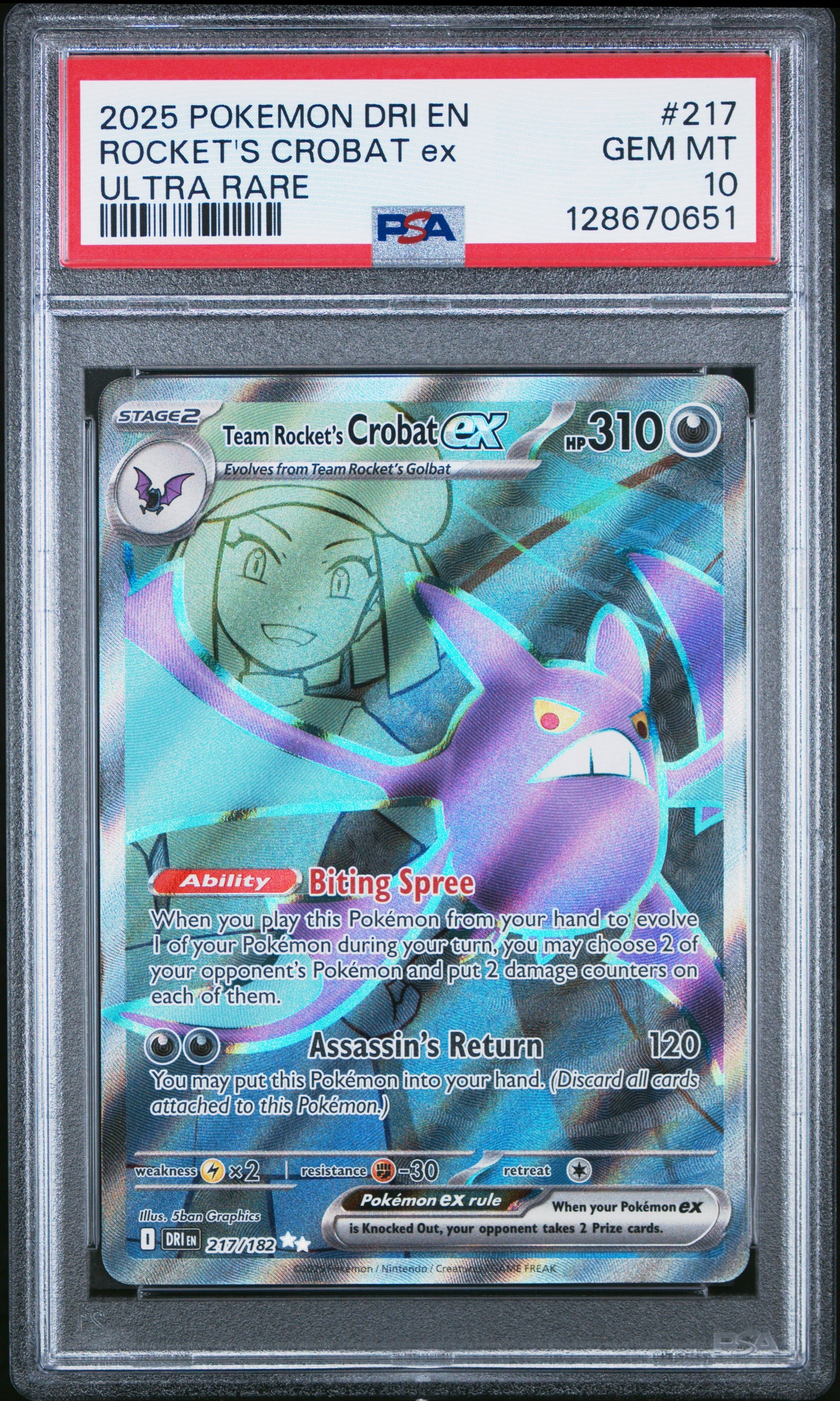 2025 Pokémon DRI EN Team Rocket's Crobat ex #217 Ultra Rare PSA 10 Cert #128670651