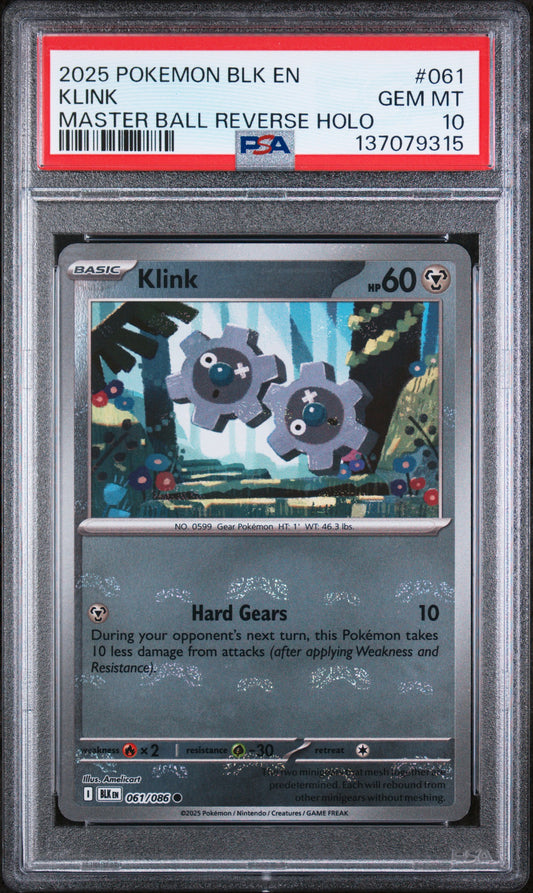 2025 Pokémon BLK EN Klink #061 Master Ball Reverse Holo PSA 10 Cert #137079315
