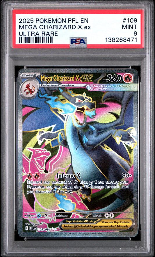 2025 Pokémon PFL EN Phantasmal Flames Mega Charizard X ex #109 Ultra Rare PSA 9 Cert #138268471