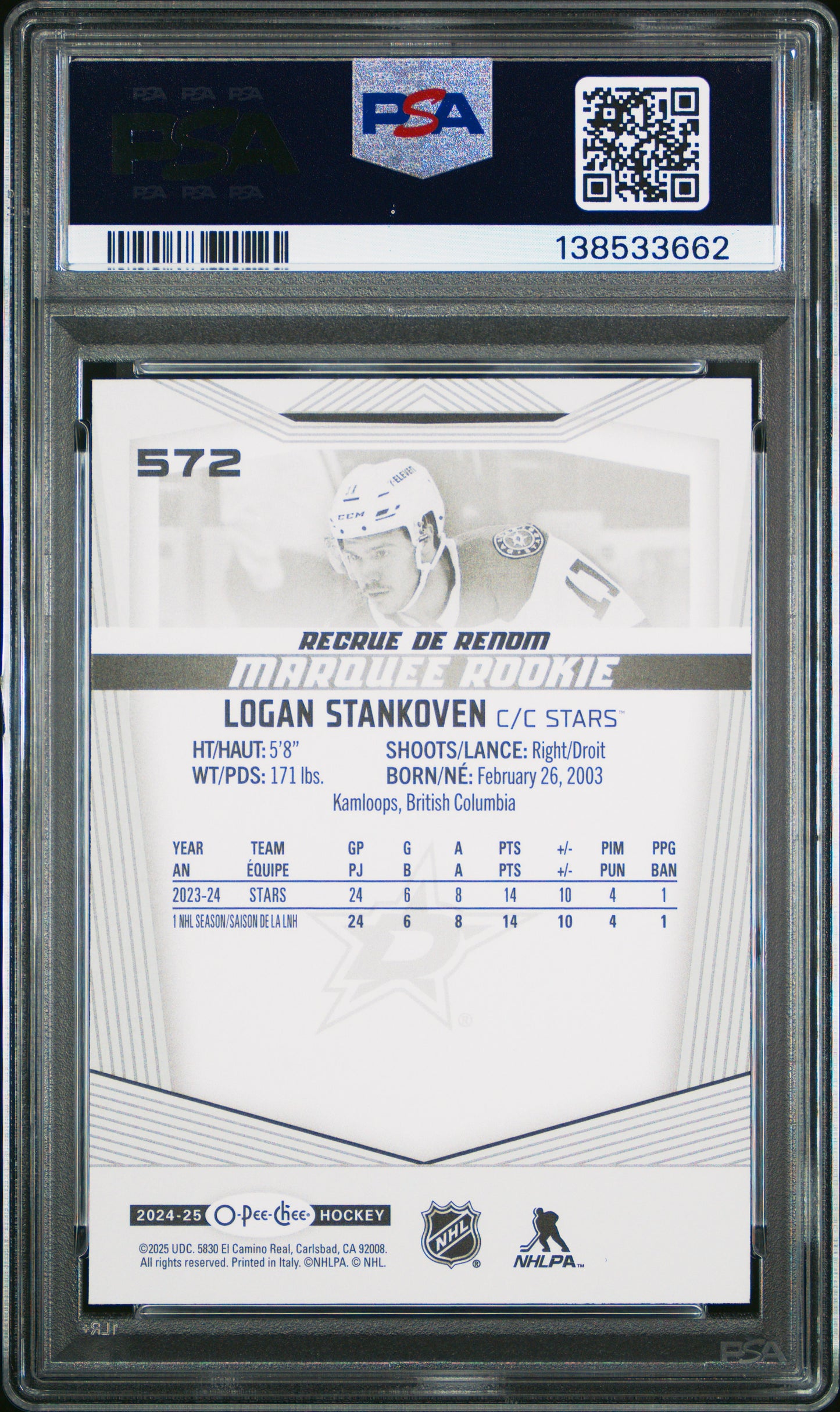 2024-25 O-Pee-Chee Hockey Logan Stankoven #572 Marquee Rookie PSA 10 Cert #138533662