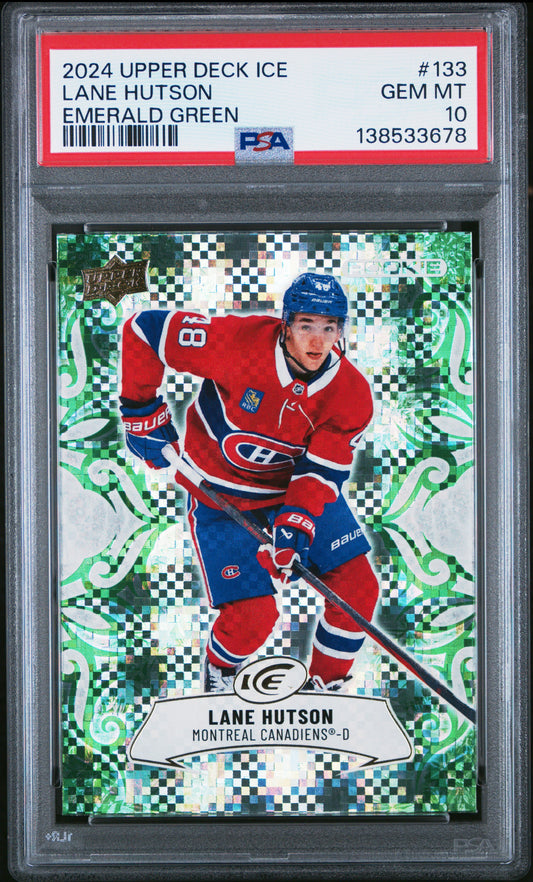2024-25 Upper Deck Ice Hockey Lane Hutson #133 Emerald Green Rookie PSA 10 Cert #138533678