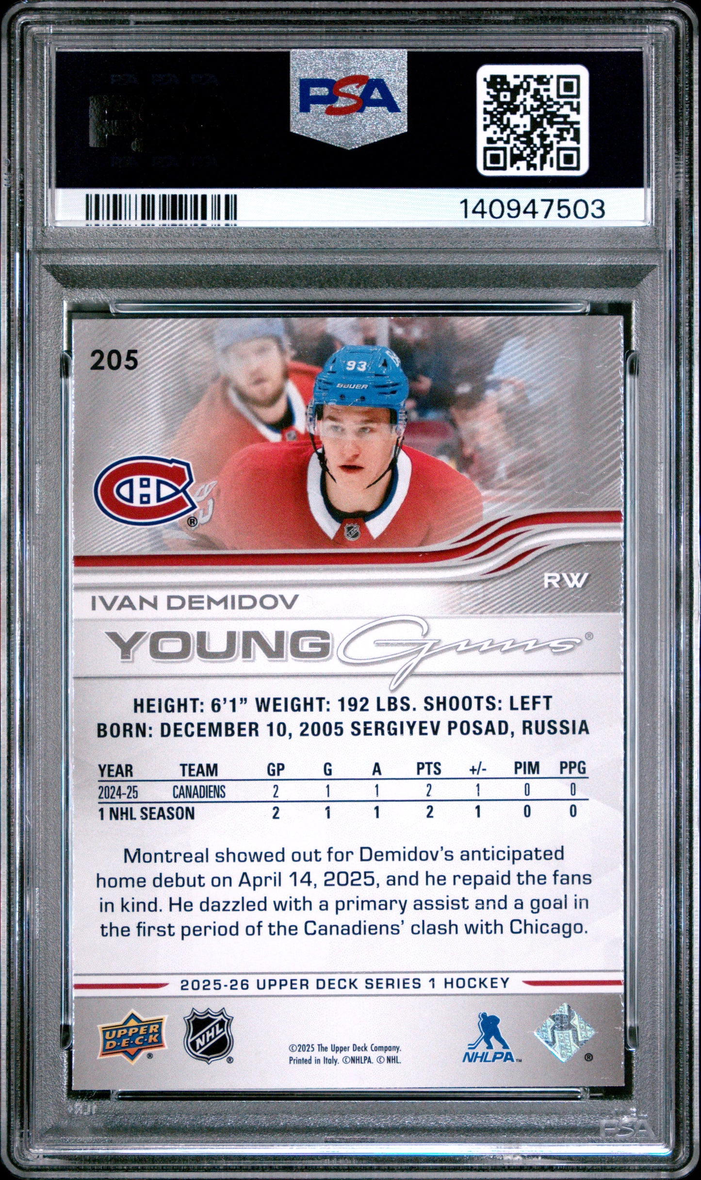 2025-26 Upper Deck Series 1 Hockey Ivan Demidov #205 Young Guns RC — PSA 8 Cert #140947503