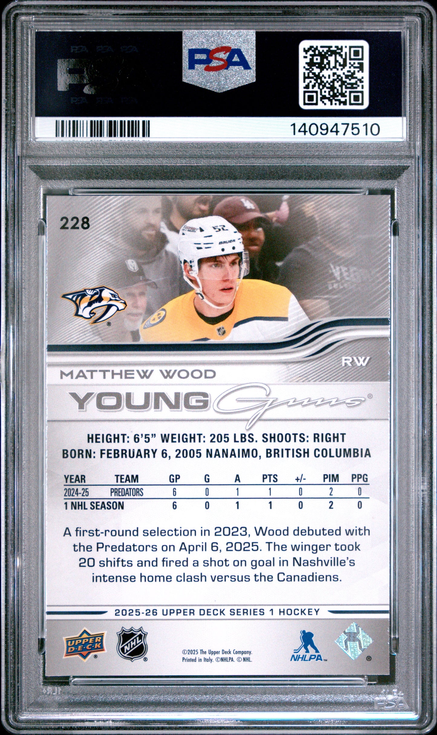 2025-26 Upper Deck Series 1 Hockey Matthew Wood #228 Young Guns RC — PSA 10 Cert #140947510