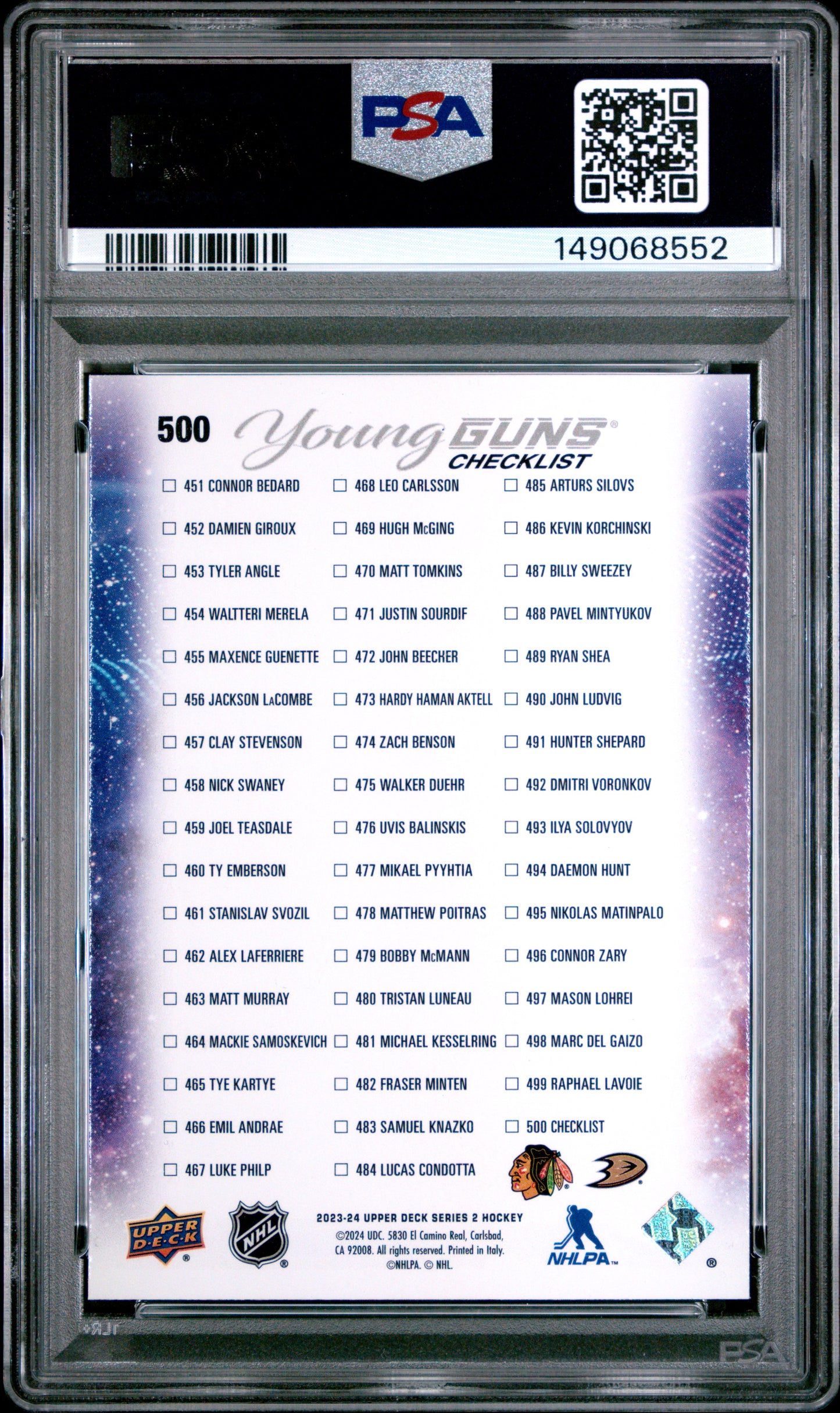 2023-24 Upper Deck Series 2 Connor Bedard / Leo Carlsson #500 Young Guns Checklist PSA 10 Cert #149068552
