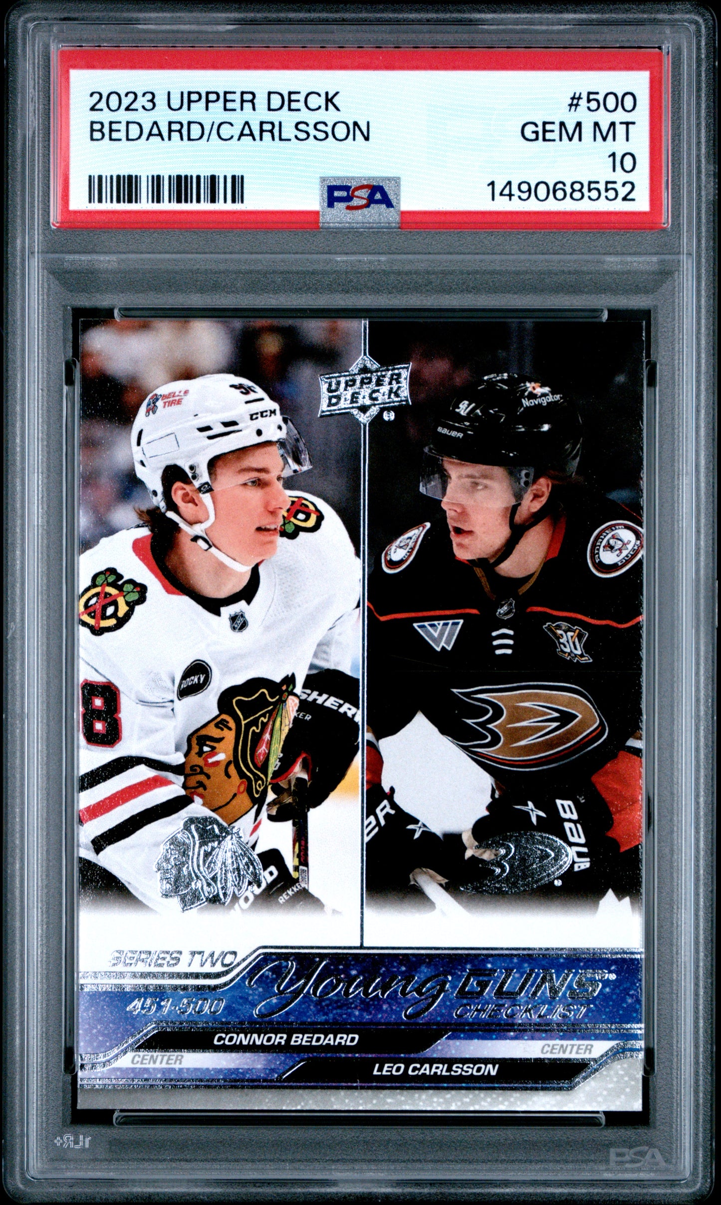 2023-24 Upper Deck Series 2 Connor Bedard / Leo Carlsson #500 Young Guns Checklist PSA 10 Cert #149068552