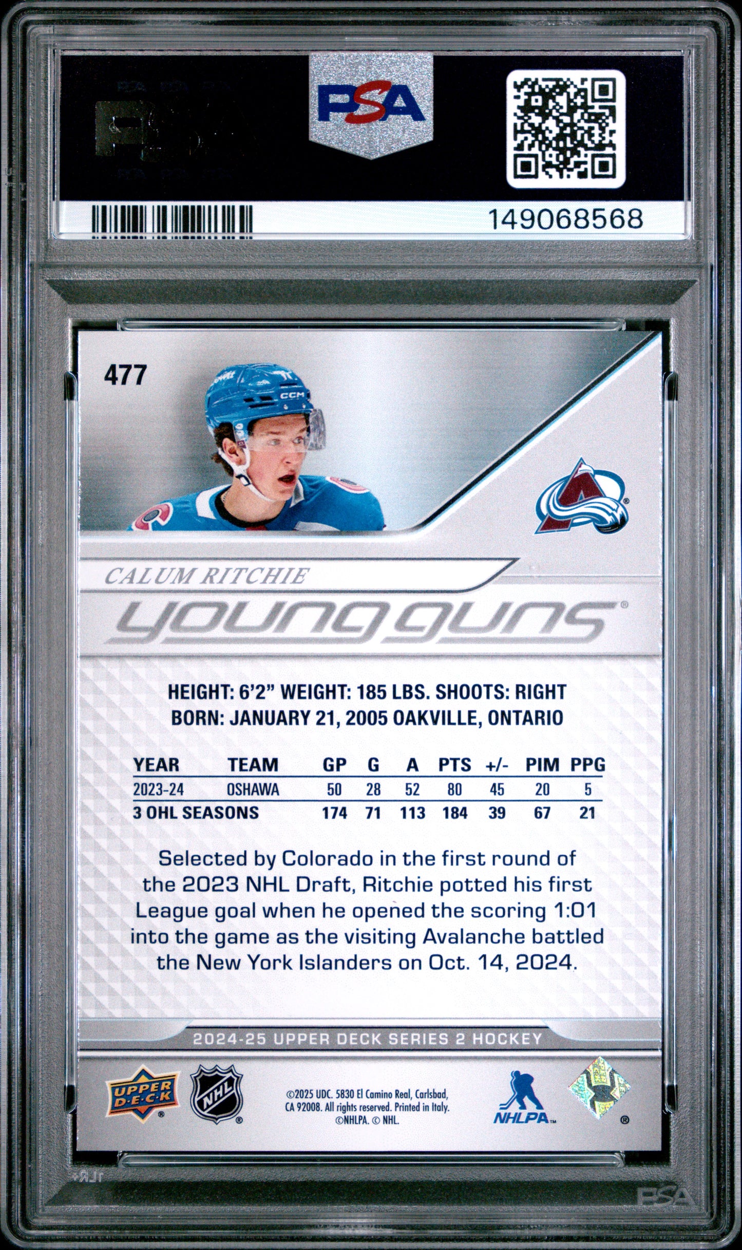 2024-25 Upper Deck Series 2 Calum Ritchie #477 Young Guns PSA 10 Cert #149068568