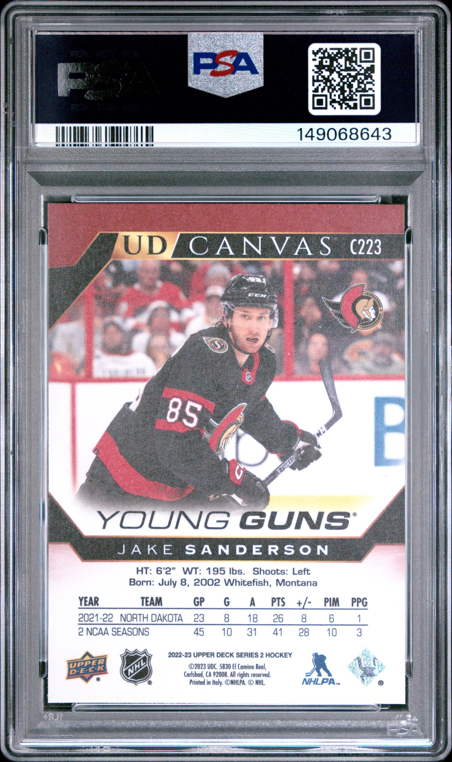 2022-23 Upper Deck Series 2 Jake Sanderson #C223 UD Canvas Young Guns PSA 10 Cert #149068643