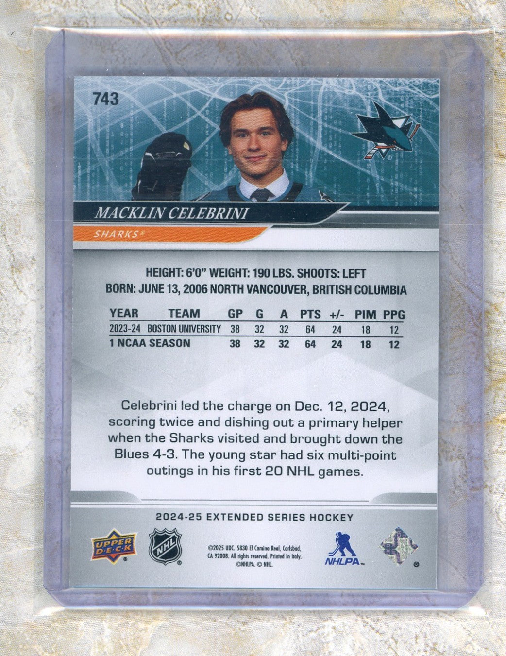 2024-25 Upper Deck Extended Series Macklin Celebrini #743 1st Round Rookies Silver Foil Raw
