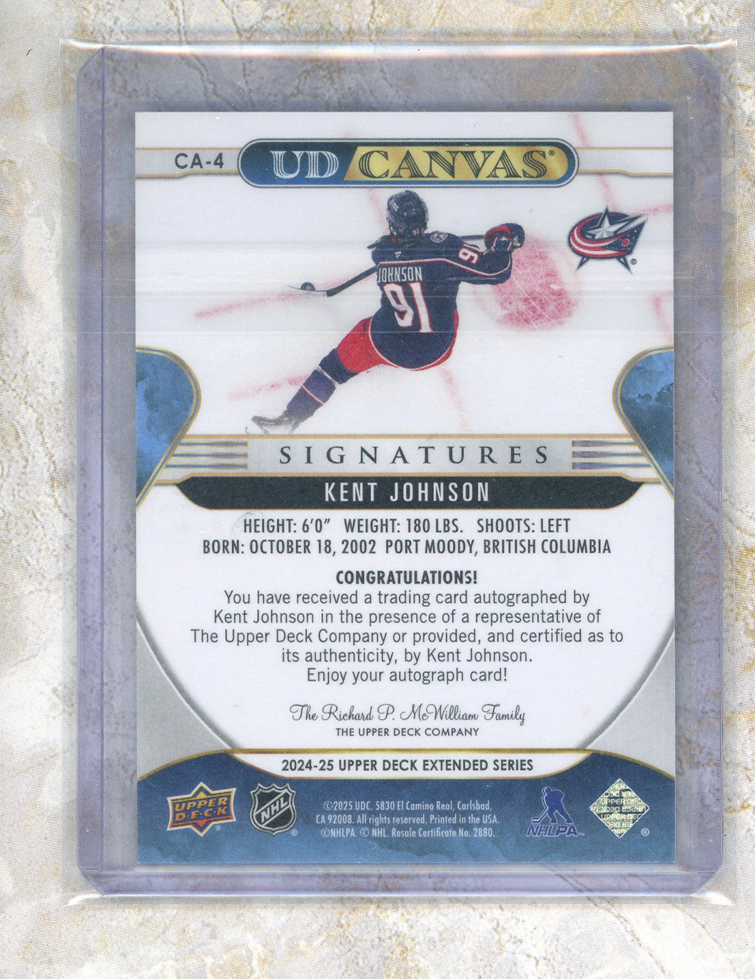 2024-25 Upper Deck Extended Series Kent Johnson UD Canvas Signatures #CA-4 /25 Raw